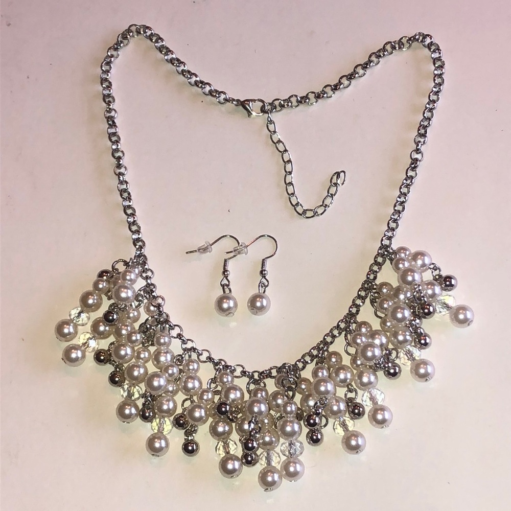 Faux Pearl Cluster Silver Tone Necklace & Earrings Set